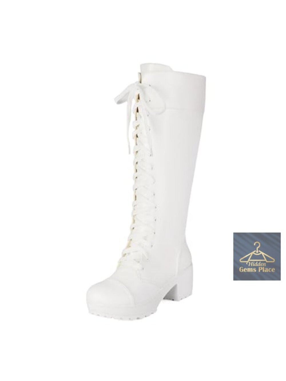 Women's Knee High Combat Boots Lace Up Chunky Platform Boots White